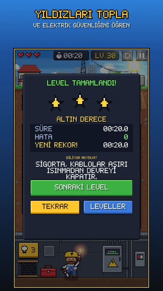 Level tamamlandı: yıldızlar ve "Biliyor muydun?" kartı